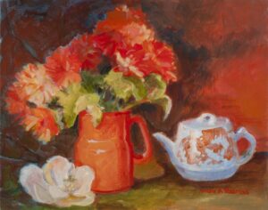 Japanese Teapot & Chrysanthemums 11 X 14 Acrylic