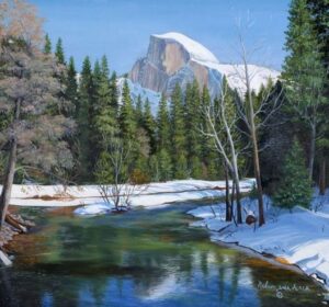 Painting of Yosemite river with Half Dome in background