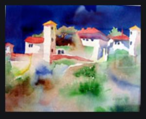 Watercolor of village Elke Groves