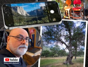 Lauren Ball (man) looking at camera with cell phone and tree in background