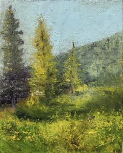 Painting of pine trees and hills