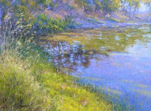 Painting of a coastline surrounded by trees