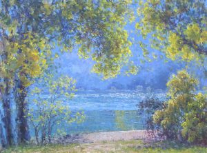 Painting of a lake surrounded by trees