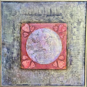 Circle inside a square with hearts around it