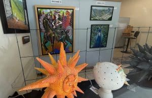 Art on walls and sculptures in front