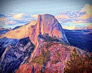 stylized, color enriched photo of half dome in yosemite