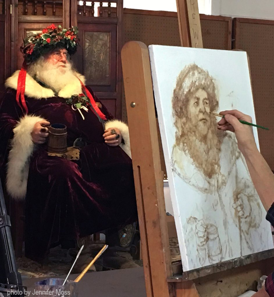 Artist painting Father Christmas from Live Model in YSA Portrait Group